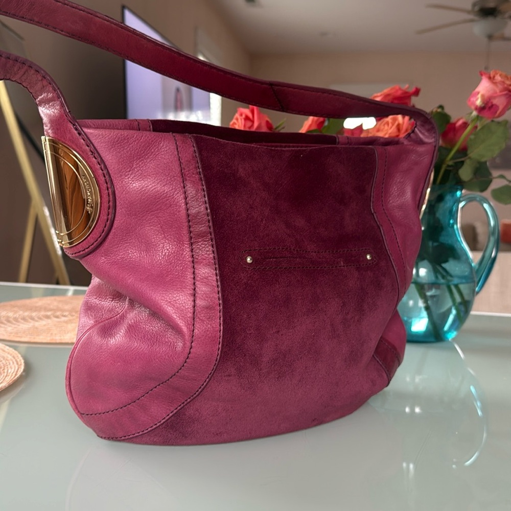 B. Makowsky Burgundy Suede Shoulder Bag with Gold Hardware
